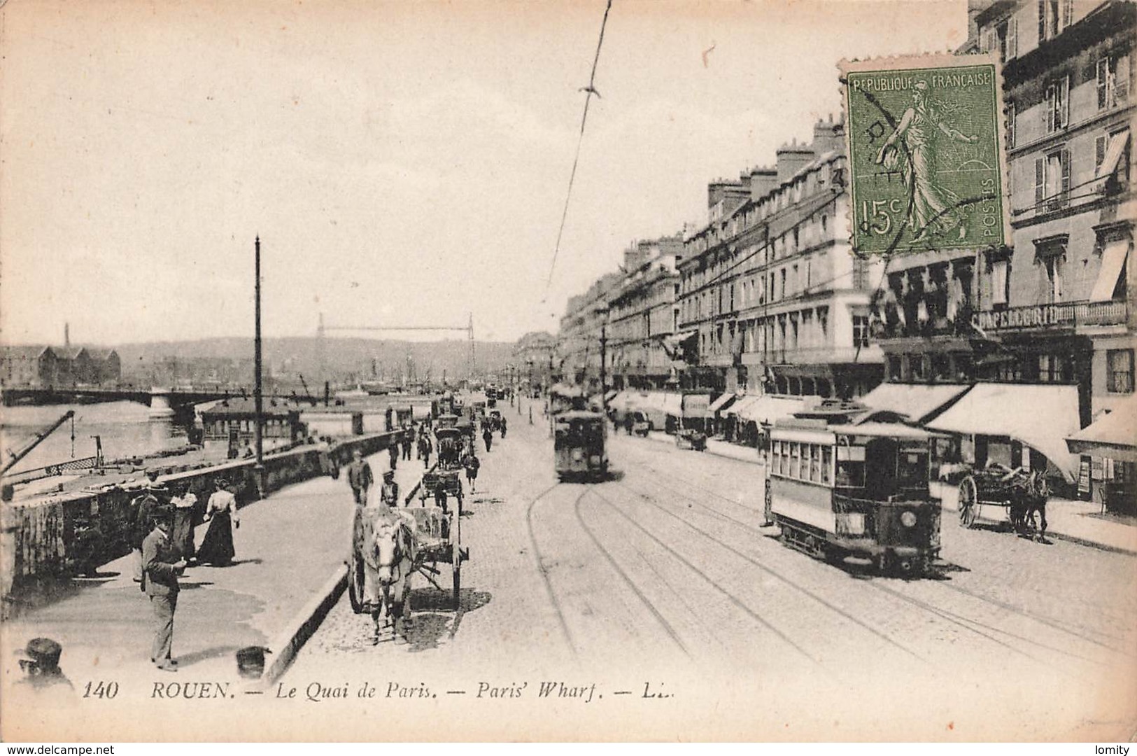 76 Rouen Quai De Paris Cpa Carte Animée Tram Tramway Attelage - Rouen