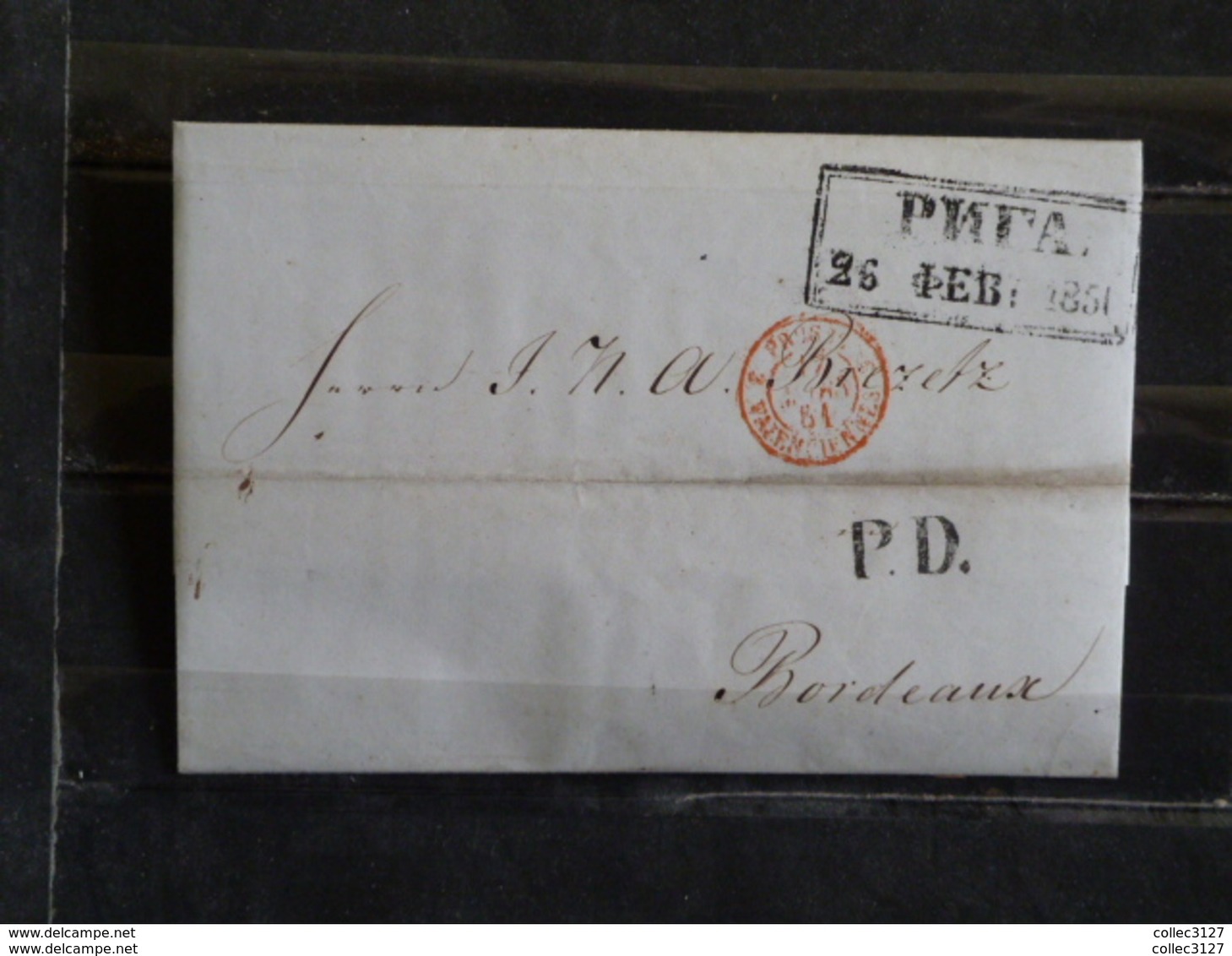 D1 - LAC De Riga Lettonie à Bordeaux - 1851 - Marque Postale Riga 26 Feb 1851 Et Cachet Rouge Prusse Par Valenciennes - Lettland