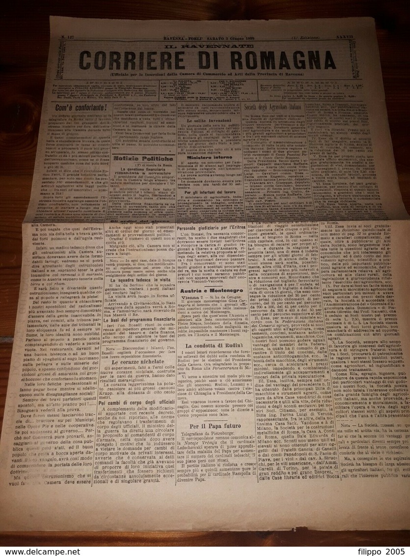 1899 - GIORNALE - N.5 CORRIERE ROMAGNA - RAVENNA RUSSI COTIGNOLA LUGO ALFONSINE - Ante 1900