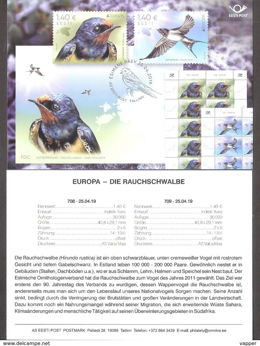 Europa Birds Swallow Estonia 2019  Stamp Presentation Card (germ) Mi 953-54 - 2019