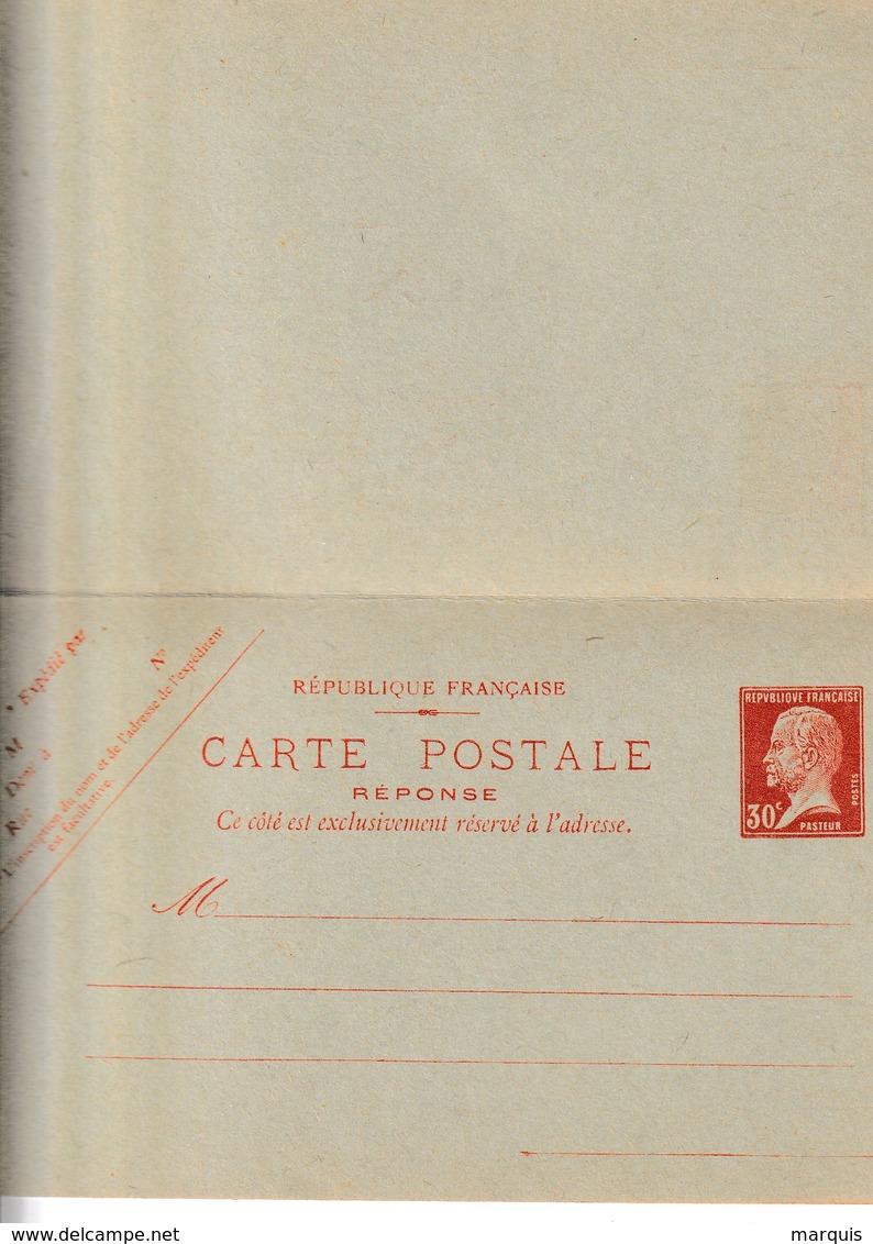 Carte Postale Avec Réponse Payée Pasteur 30c Rouge Millésime 324 - Enveloppes Types Et TSC (avant 1995)