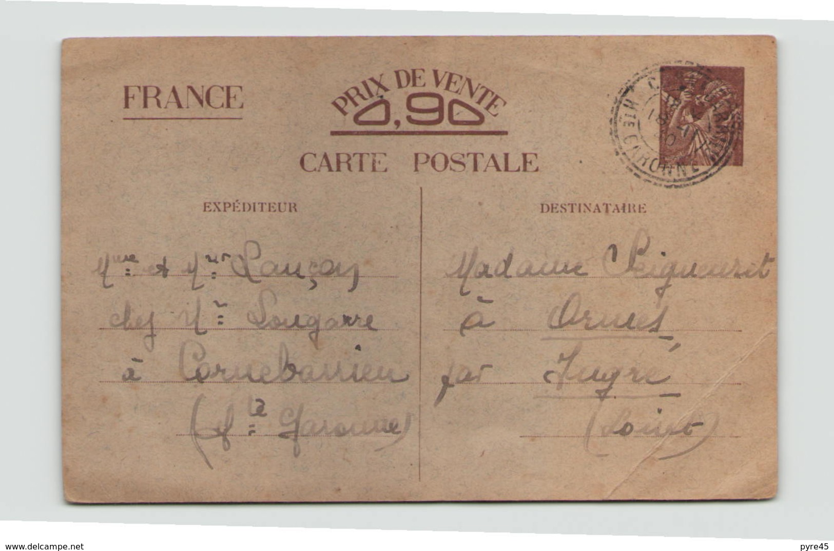 Entier Du 18 Avril 1940 De Cornebarrieu Pour Ingré - Standard Postcards & Stamped On Demand (before 1995)