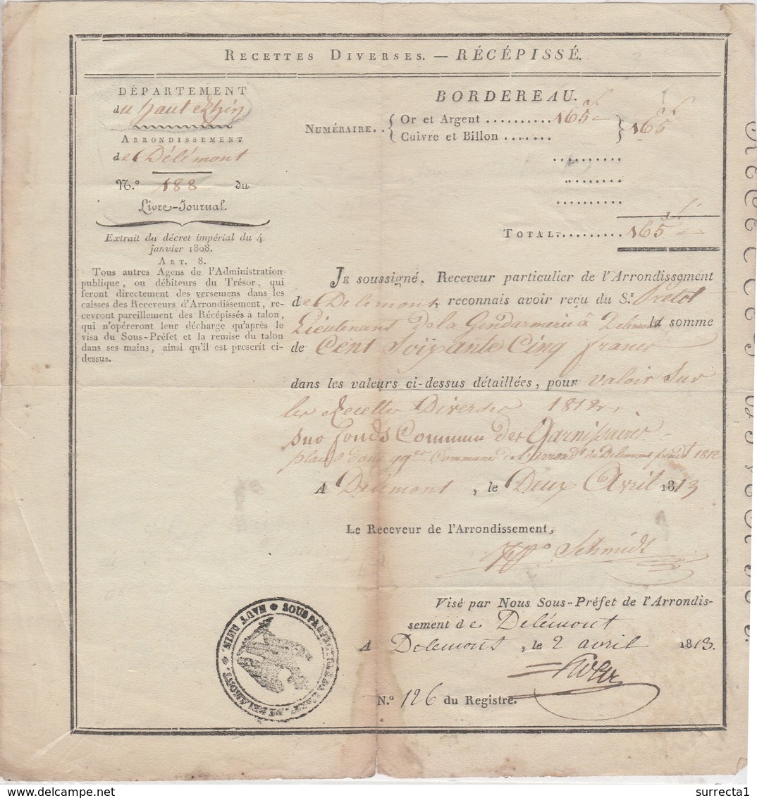 1813 / Reçu De Délémont (Suisse) Occupée Par Napoléon 1er / Sous Préfecture Haut-Rhin / Versement Lieutenant Gendarmerie - Historical Documents