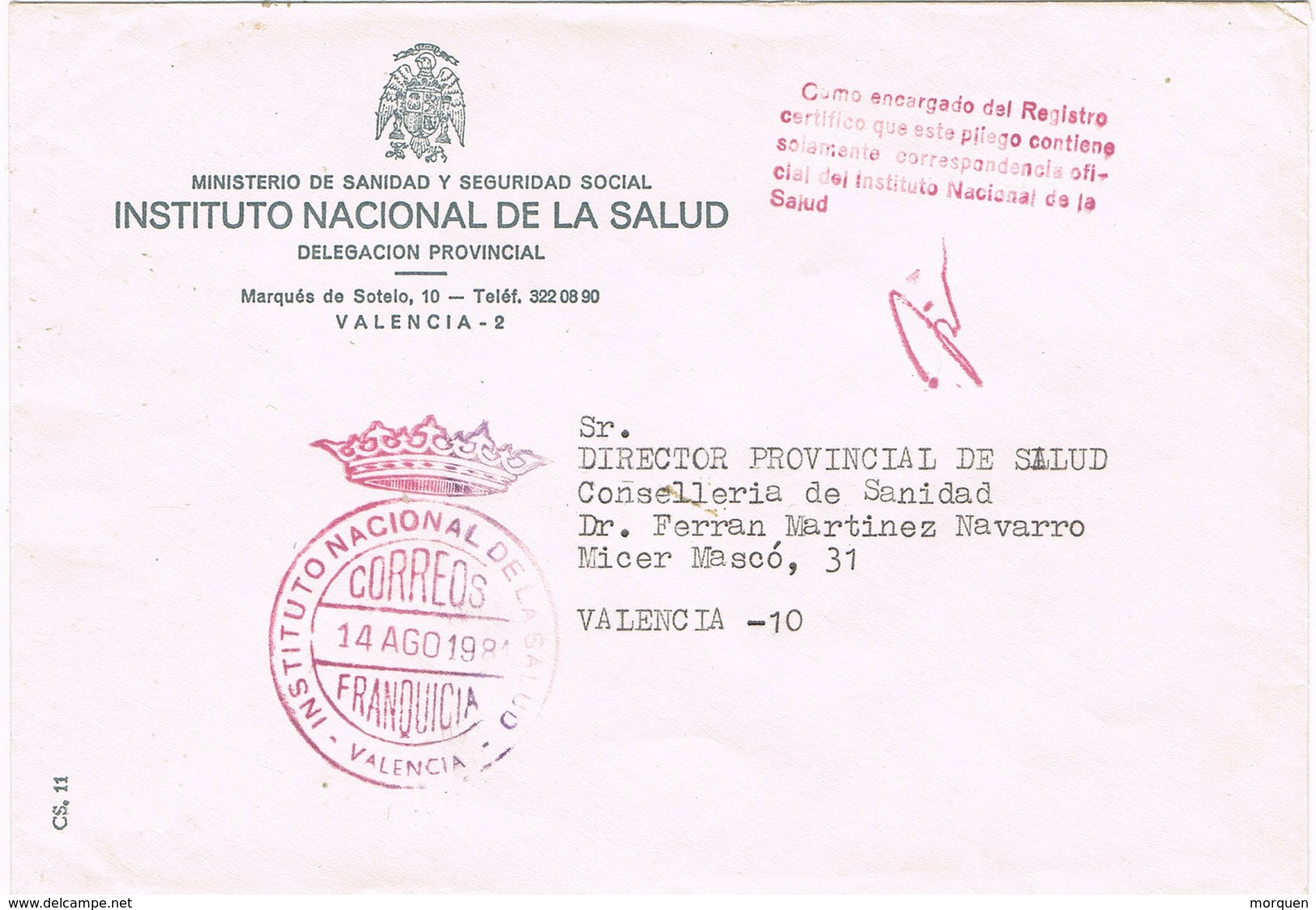 32531. Carta VALENCIA 1981. Franquicia Instituto Nacional De La Salud - Cartas & Documentos