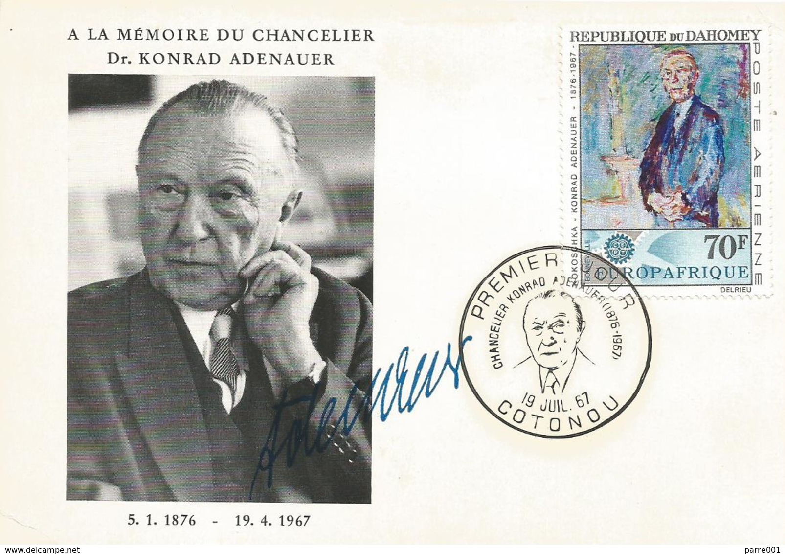 Benin Dahomey 1967 Cotonou Chancellor Konrad Adenauer FDC Card - Benin – Dahomey (1960-...)