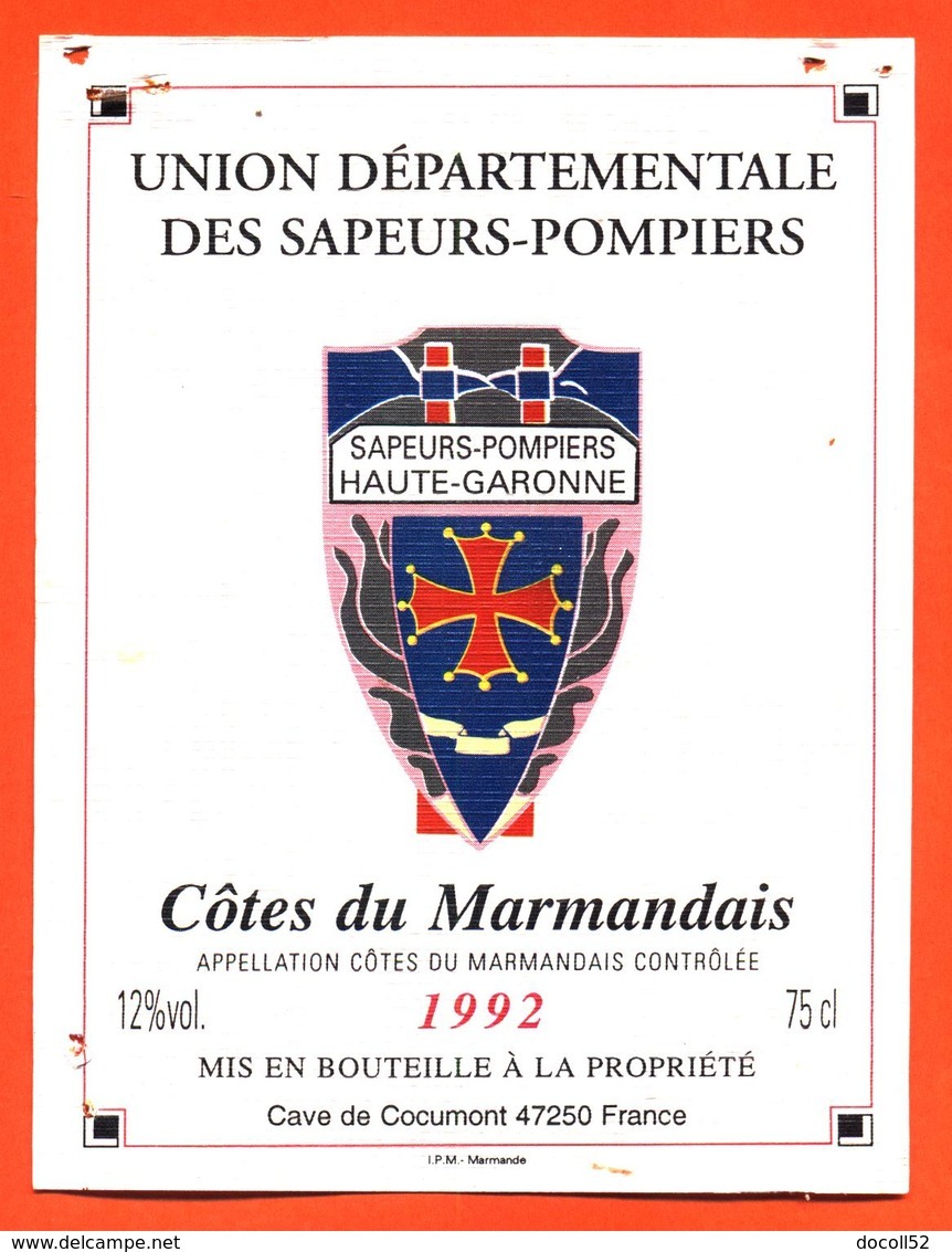 étiquette De Vin Cotes Du Marmandais 1992 Sapeurs Pompiers De Haute Garonne Caves à Cocumont - 75 Cl - Vin De Pays D'Oc