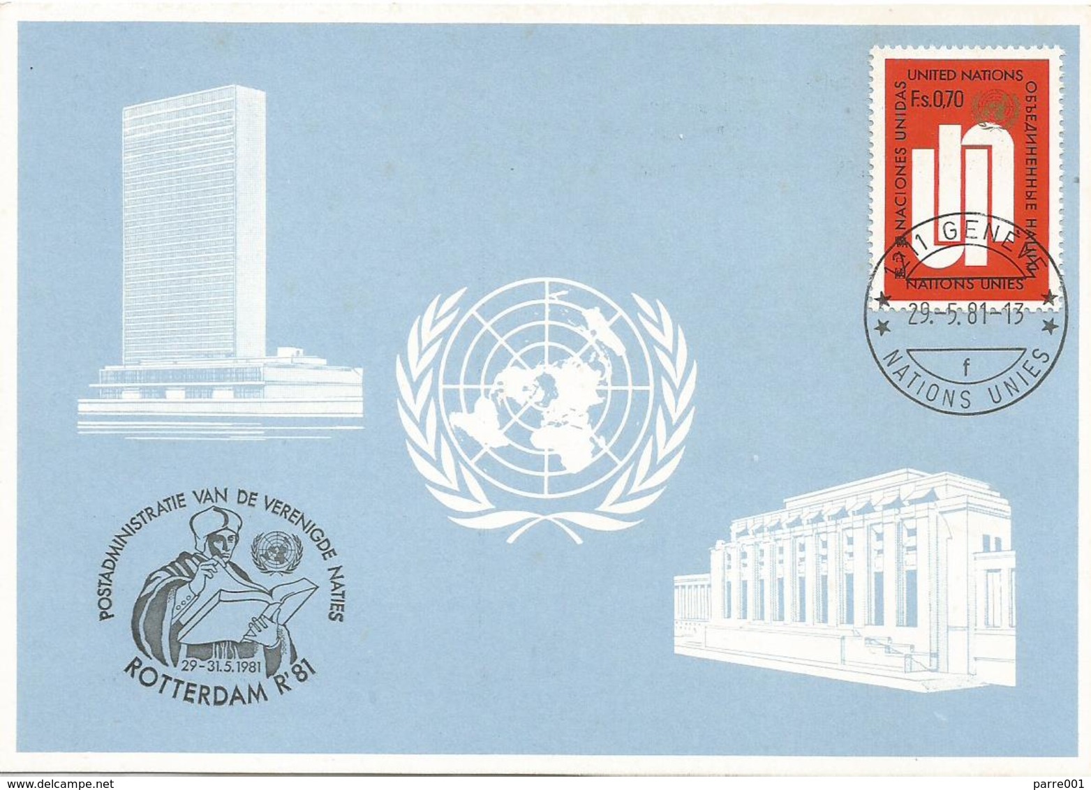 United Nations 1981 Geneve Erasmus Rotterdam Humanist Protestant Reformation Blue Card - Maximumkaarten