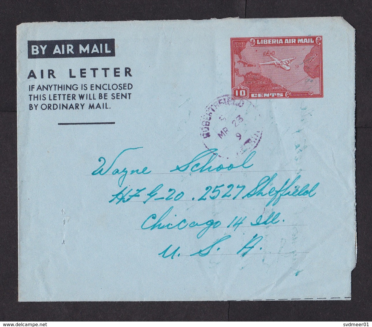 Liberia: Stationery Aerogramme Robertsfield To USA, 1959, Map, Airplane, Air Letter, Rare Real Use (very Minor Damage) - Liberia