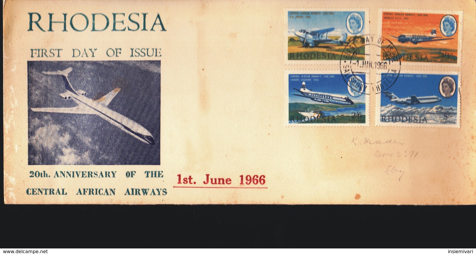 RHODESIA 1966 - BUSTA FDC "20° ANNIVERSARIO COMPAGNIA DI AVIAZIONE DELL'AFRICA CENTRALE".ANNULLO SALISBURY. - Altri - Africa