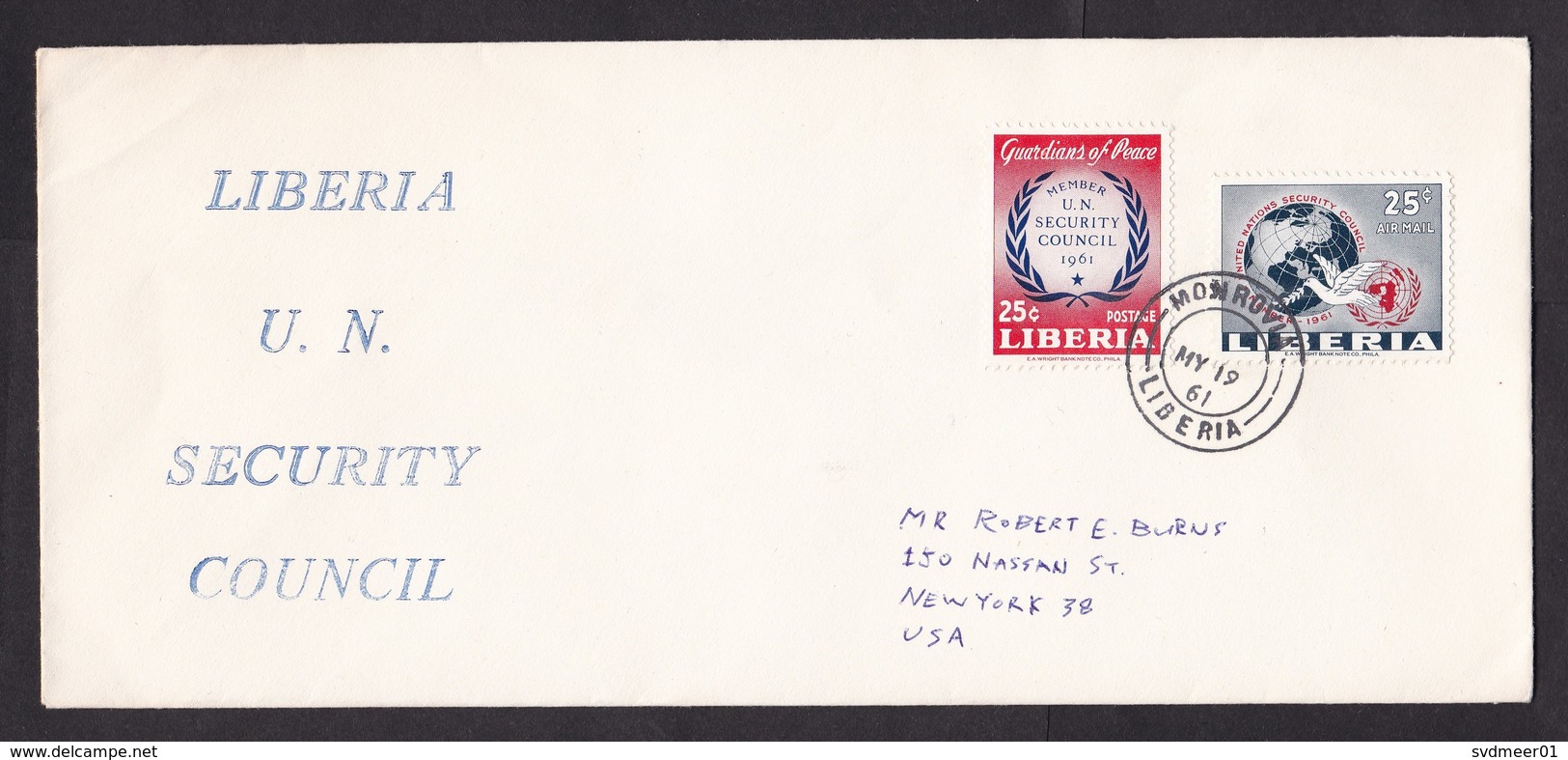 Liberia: Cover To USA, 1961, 2 Stamps, Member UN Security Council, Peace, Logo, First Day? (traces Of Use) - Liberia