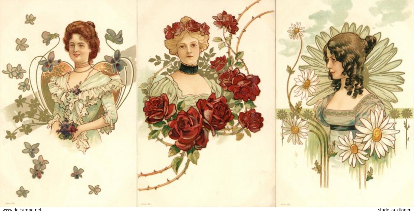 Jugendstil 6'er Serie Frauen Mit Blumen I-II Art Nouveau Femmes - Sonstige & Ohne Zuordnung