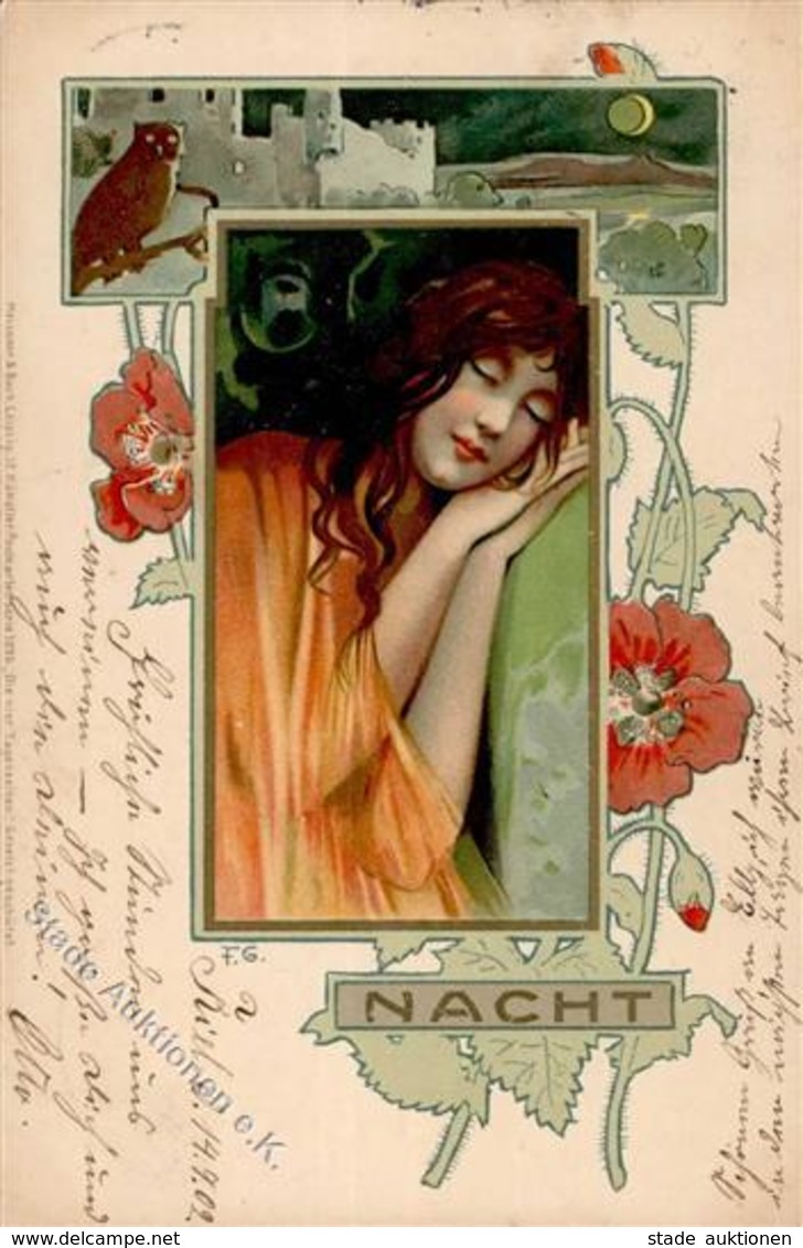 Jugendstil Frau Eule Nacht  Künstlerkarte 1902 I-II Art Nouveau - Other & Unclassified