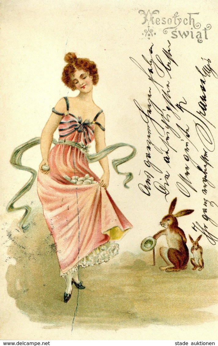 Jugendstil Frau Hase Klappkarte Innen Mit Wabenballon Litho I-II Art Nouveau - Other & Unclassified