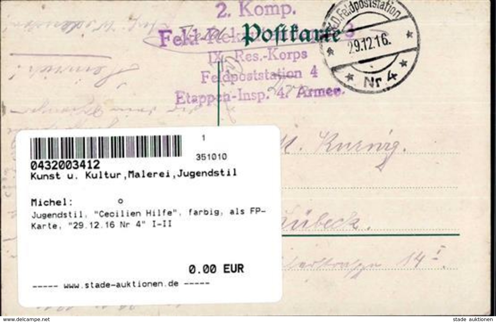 Jugendstil, Cecilien Hilfe, Farbig, Als FP-Karte, 29.12.16 Nr 4 I-II Art Nouveau - Other & Unclassified