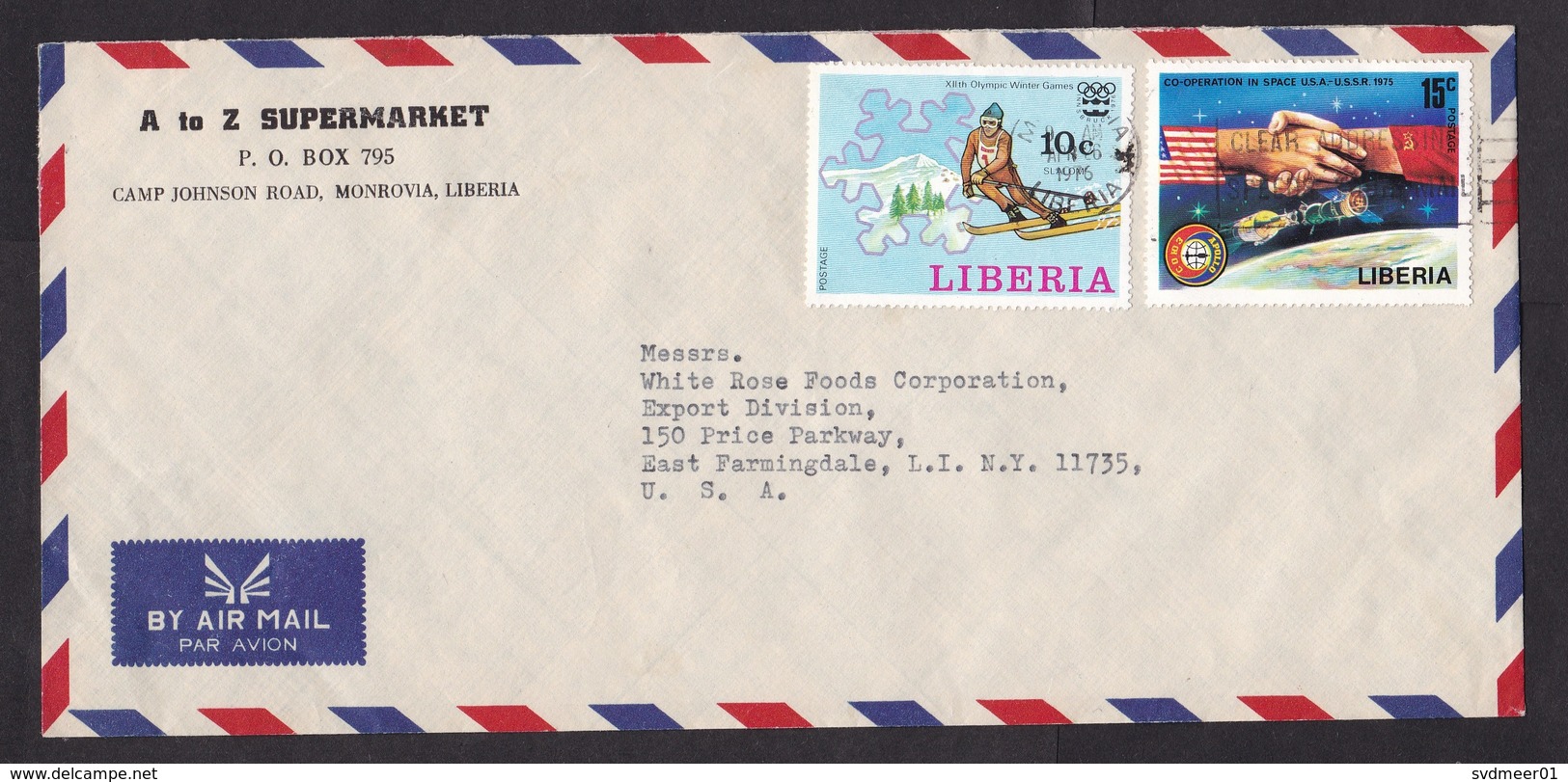 Liberia: Airmail Cover To USA, 1976, 2 Stamps, Winter Olympics, Ski Sports, Space, Apollo, Rare Real Use (traces Of Use) - Liberia