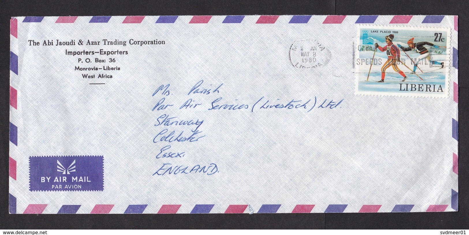 Liberia: Airmail Cover To UK, 1980, 1 Stamp, Winter Olympics, Skiing, Sports, Rare Real Use! (writing At Back) - Liberia