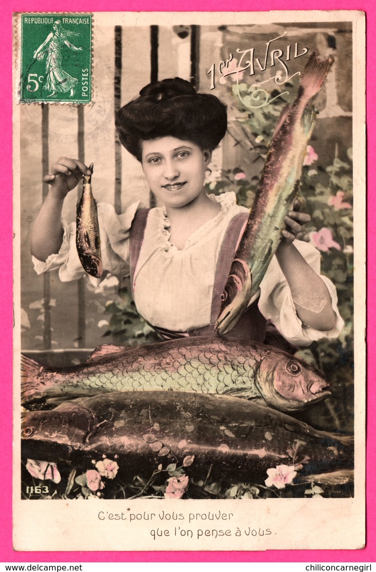 Fantaisie - 1er Avril - Femme Avec Vrais Poissons - C'est Pour Vous Prouver Que L'on Pense à Vous - 1911 - Colorisée - 1er Avril - Poisson D'avril