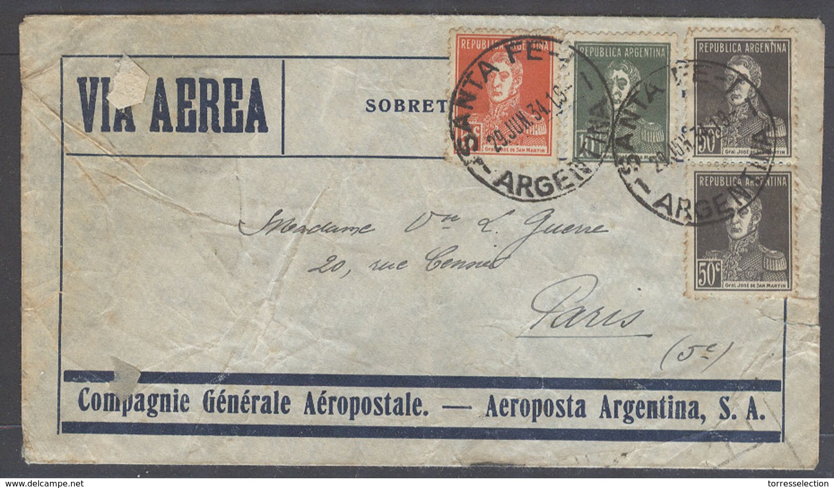 Argentina - XX. 1931 (29 June). Santa Fe - France, Paris. Air French Aeropostale Multifkd Env With Part Arrival. Fine. 1 - Altri & Non Classificati