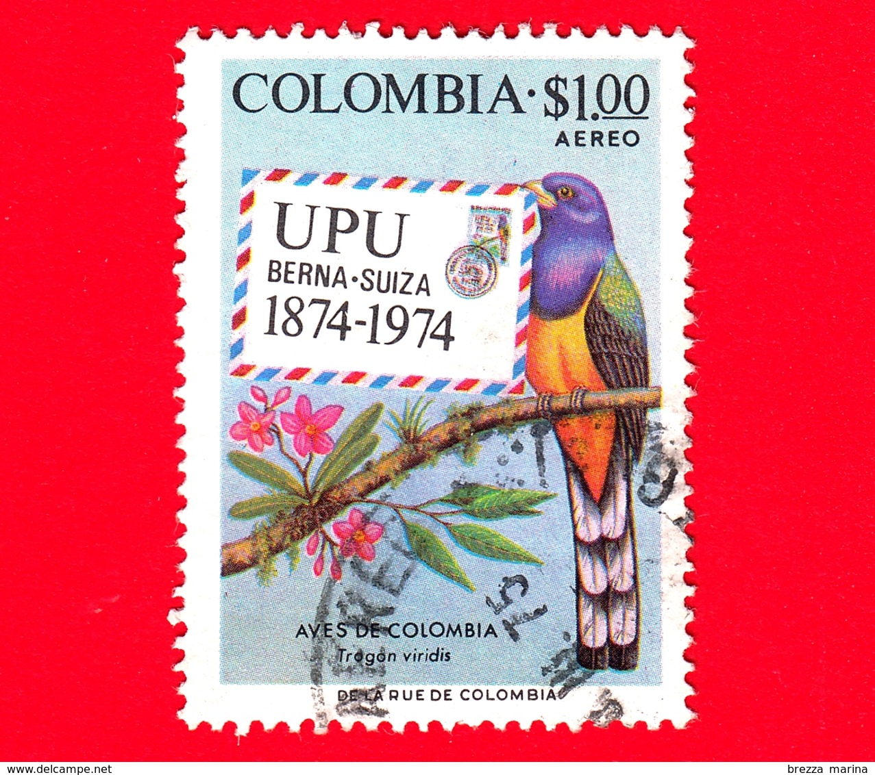 COLOMBIA - Usato -  1974 - 100 Anni Di UPU - Unione Postale Universale - Uccelli - Pappagallo - Trogon Viridis - $ 1.00 - Colombia