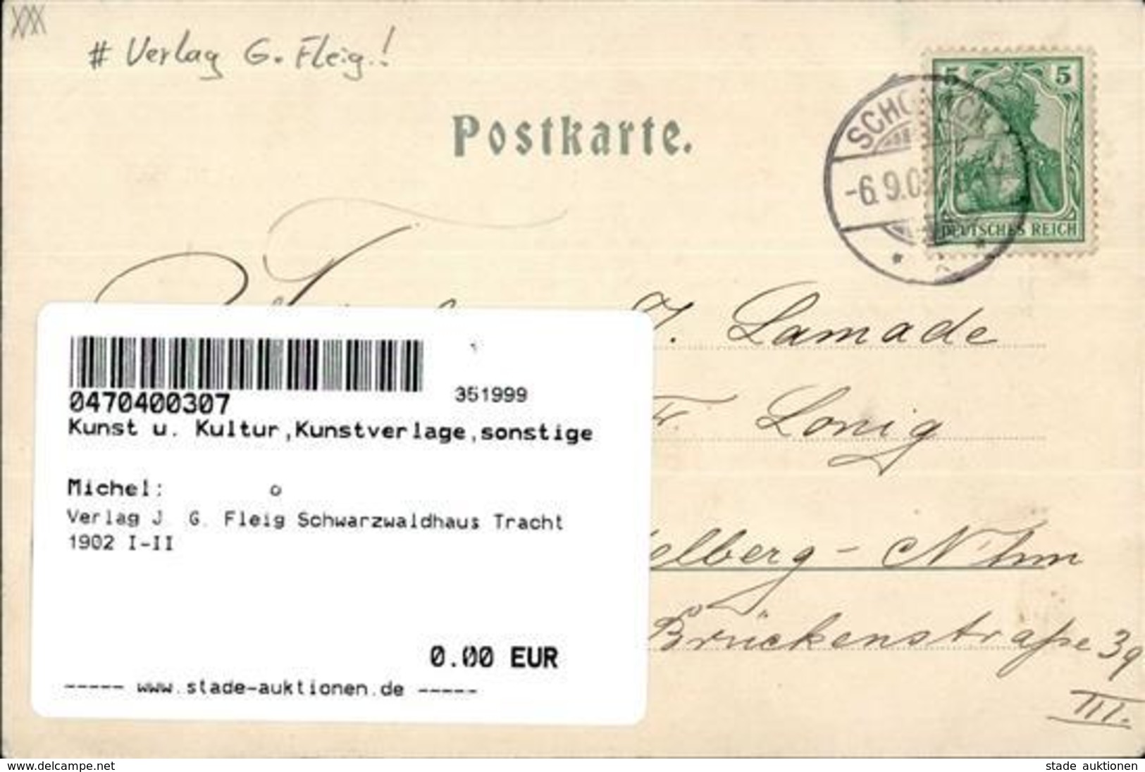 Verlag J. G. Fleig Schwarzwaldhaus Tracht 1902 I-II - Autres & Non Classés