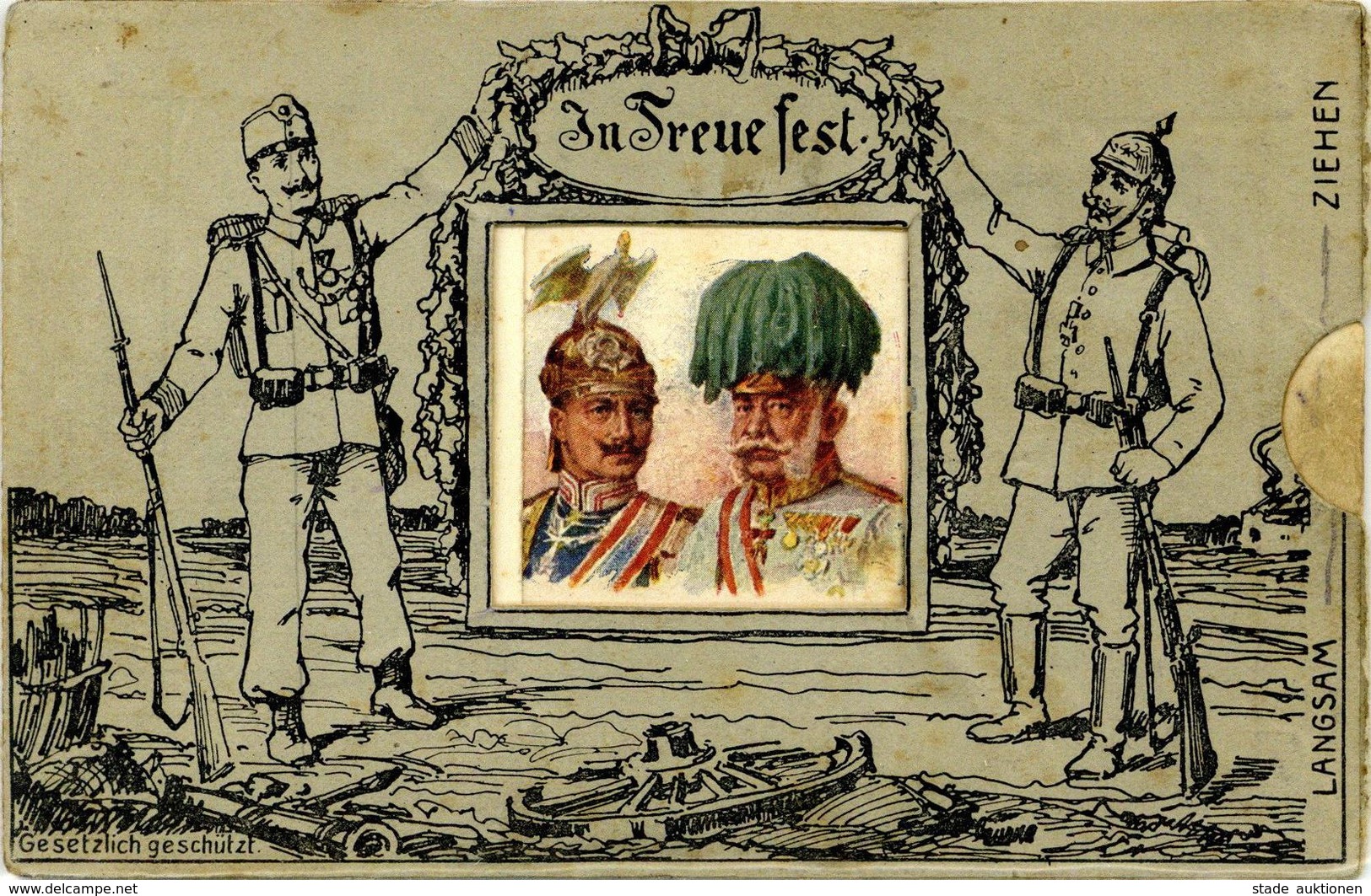 Mechanik-Karte WK I Kaiser Wilhelm II. U. Franz Joseph I. In Treue Fest Zieh-Karte II (RS Kl. Einrisse, Fleckig) - Ohne Zuordnung