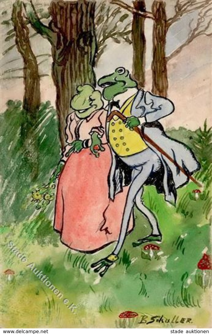 Handgemalt Frosch Personifiziert Sign. Schuller, B. 1915 I-II Peint à La Main Grenouille - Ohne Zuordnung