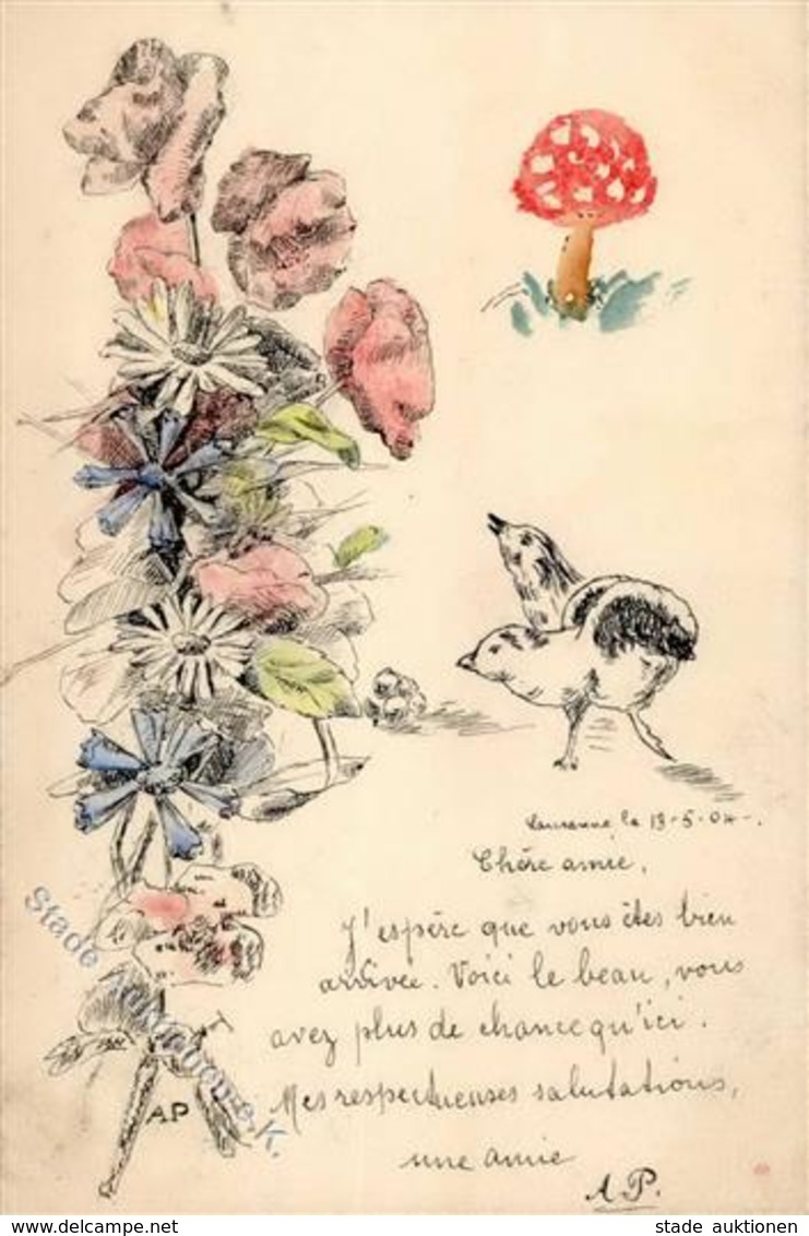 Handgemalt Pilz Blumen Vögel Künstlerkarte 1904 I-II Peint à La Main - Ohne Zuordnung