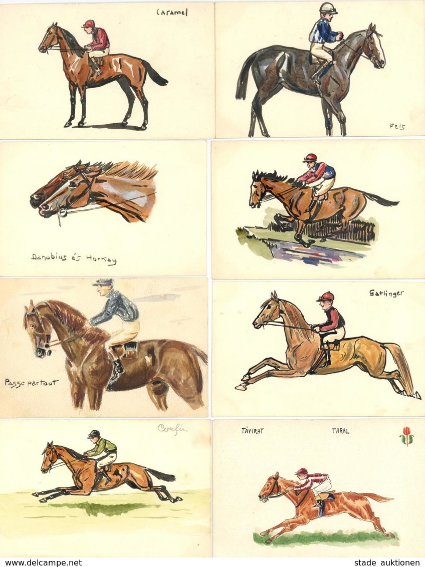 Handgemalt Reitsport Pferde Und Jockeys Lot Mit 26 Künstler-Karten I-II Peint à La Main - Ohne Zuordnung