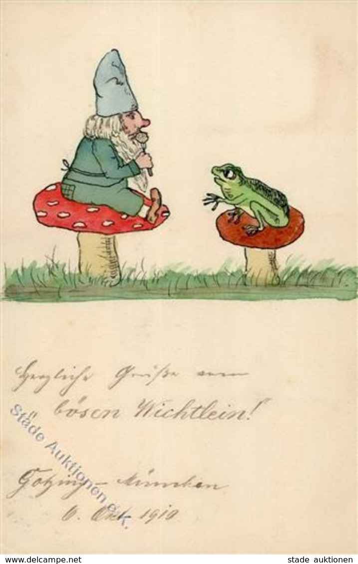 Handgemalt Zwerg Frosch Pilz  Künstlerkarte I-II Peint à La Main Grenouille Lutin - Ohne Zuordnung