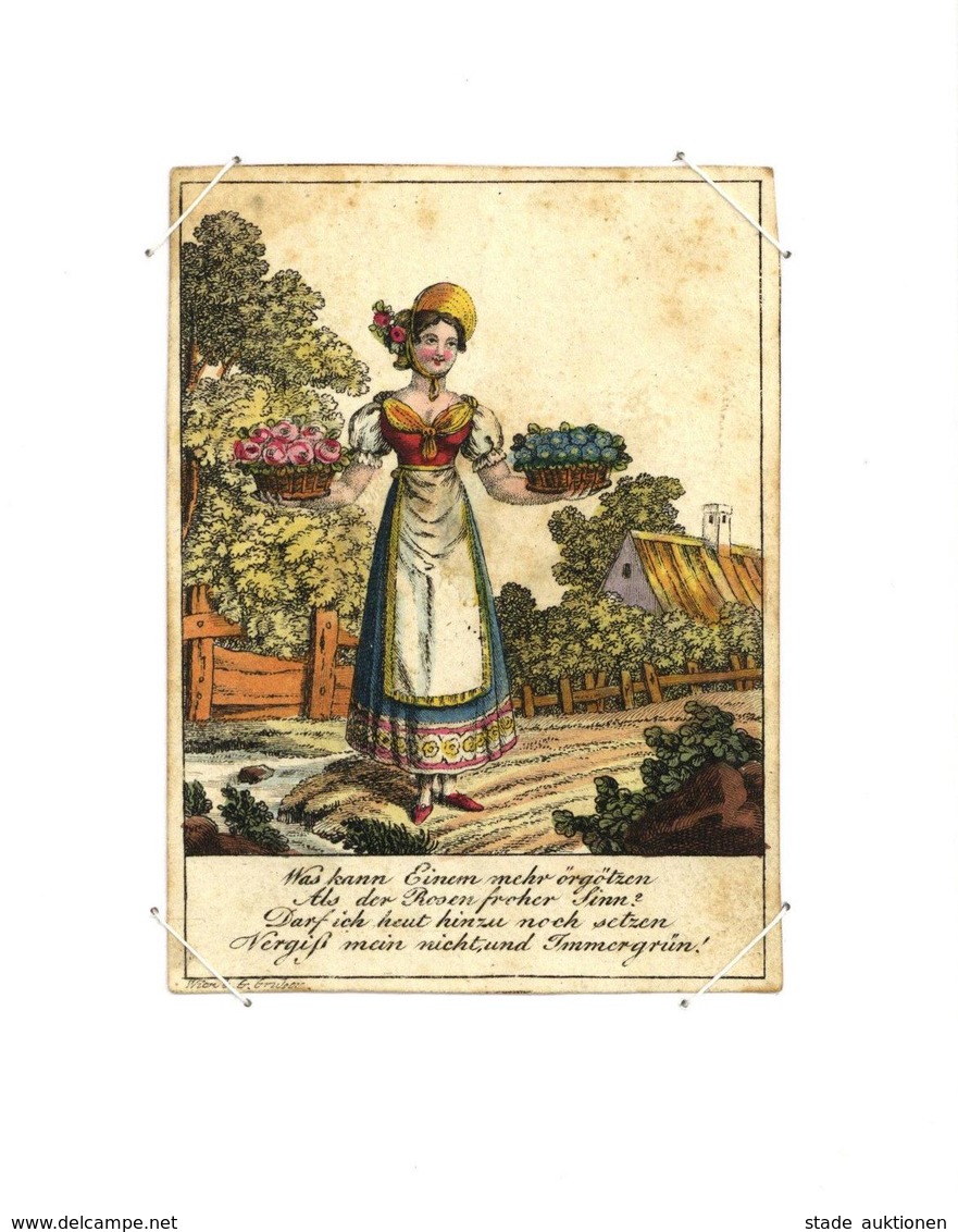 Freundschaftsbild Biedermeier Billet Um 1800-1830 Frau Blumen Ca. 6,5 X 8,5 Cm I-II (leicht Fleckig) - Non Classés