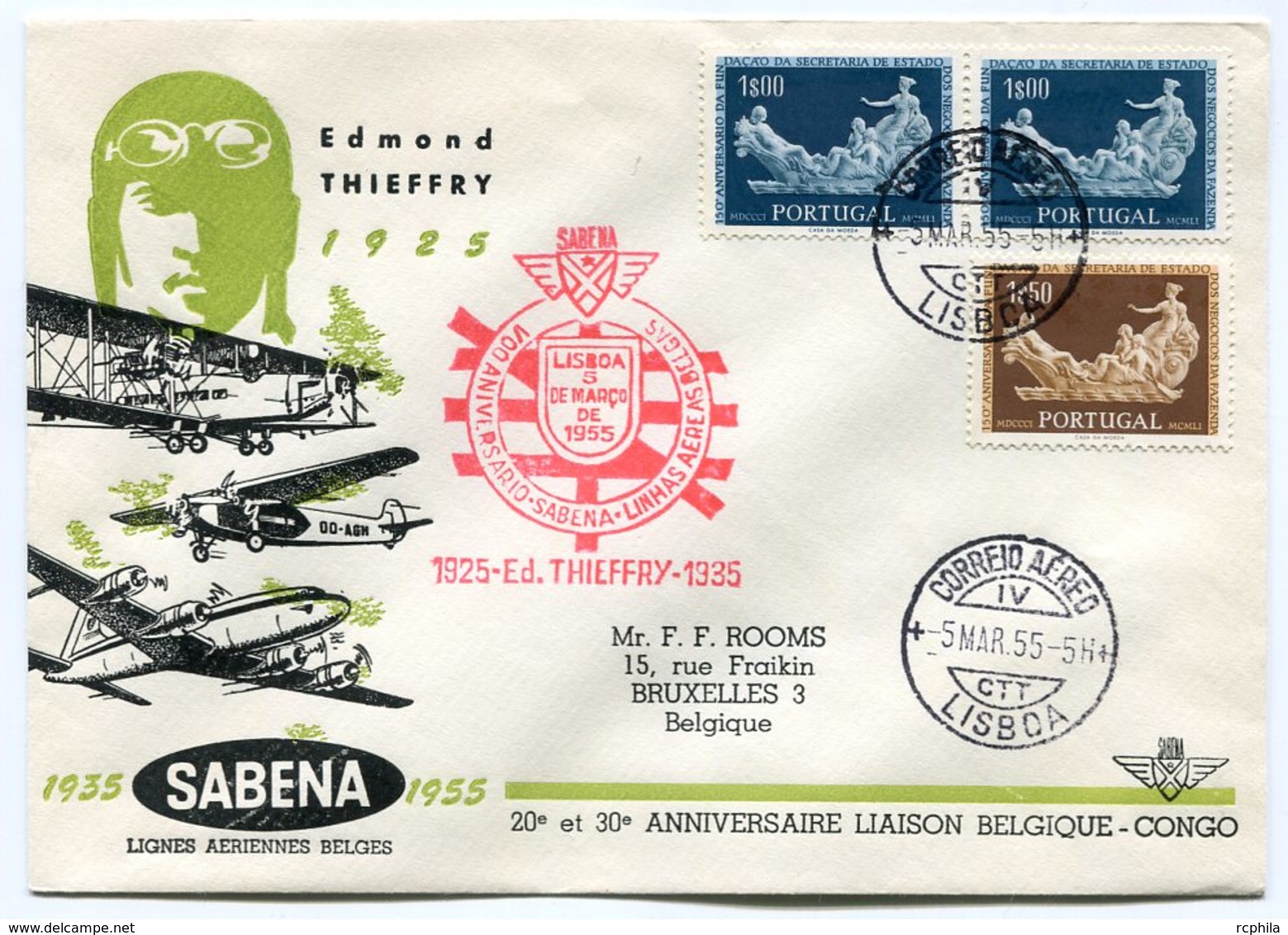 RC 12633 PORTUGAL 1955 FFC LIAISON BELGIQUE CONGO - SABENA 1ER VOL TB - Covers & Documents