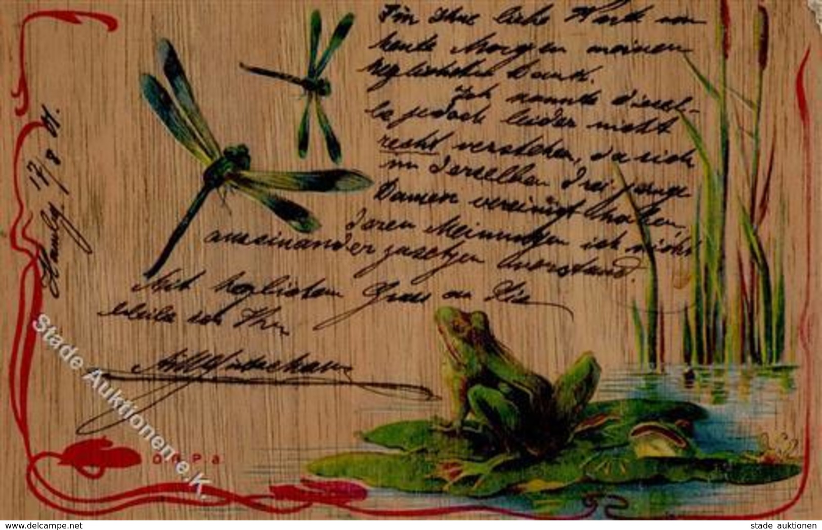 Holz-Karte (Bambus) Frösche Libellen 1901 I-II Carte En Bois - Unclassified