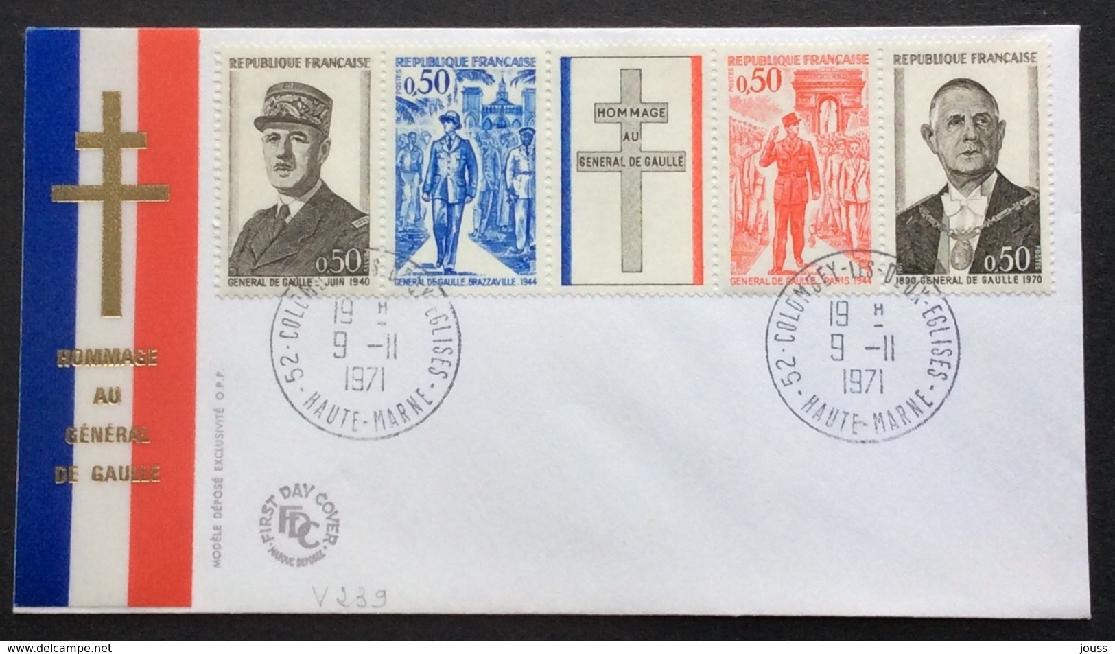 V239 Colombey FDC Premier Jour Bande Général De Gaulle 1695 à 1698 9/11/1971 - 1970-1979