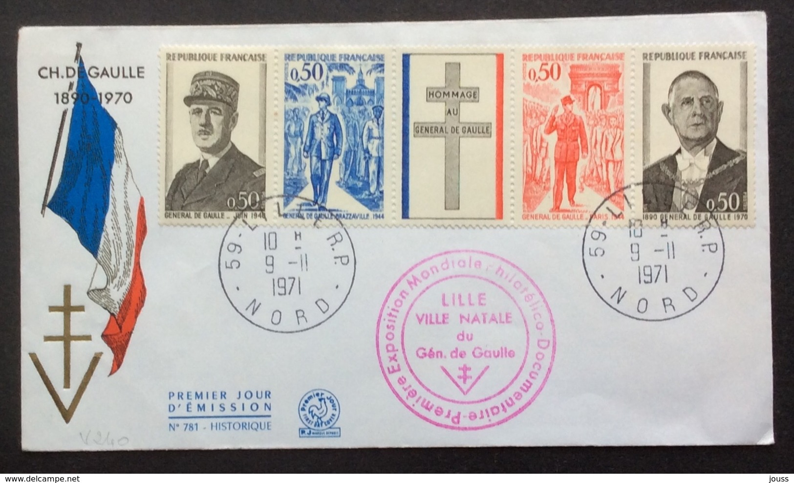 V240 Lille FDC Premier Jour Bande Général De Gaulle 1695 à 1698 9/11/1971 - 1970-1979