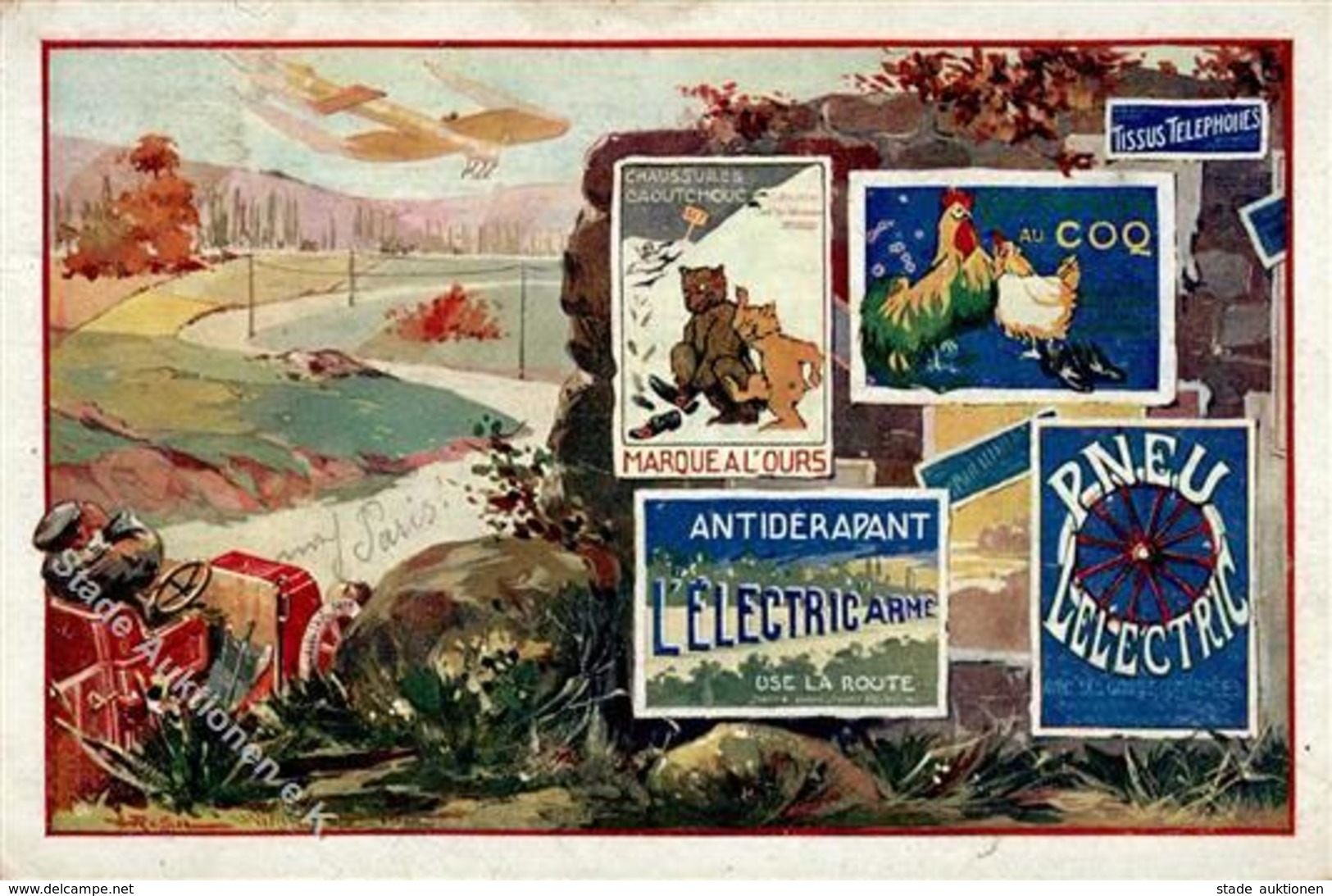 Werbung Auto Pneus Und Gummi Auto Flugzeug  1914 I-II Aviation Publicite - Werbepostkarten