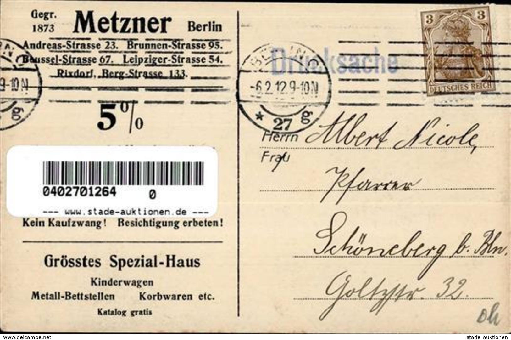 Werbung Berlin Mitte (1000) Metzner Kinderwagen Werbe AK 1912 I-II Publicite - Werbepostkarten