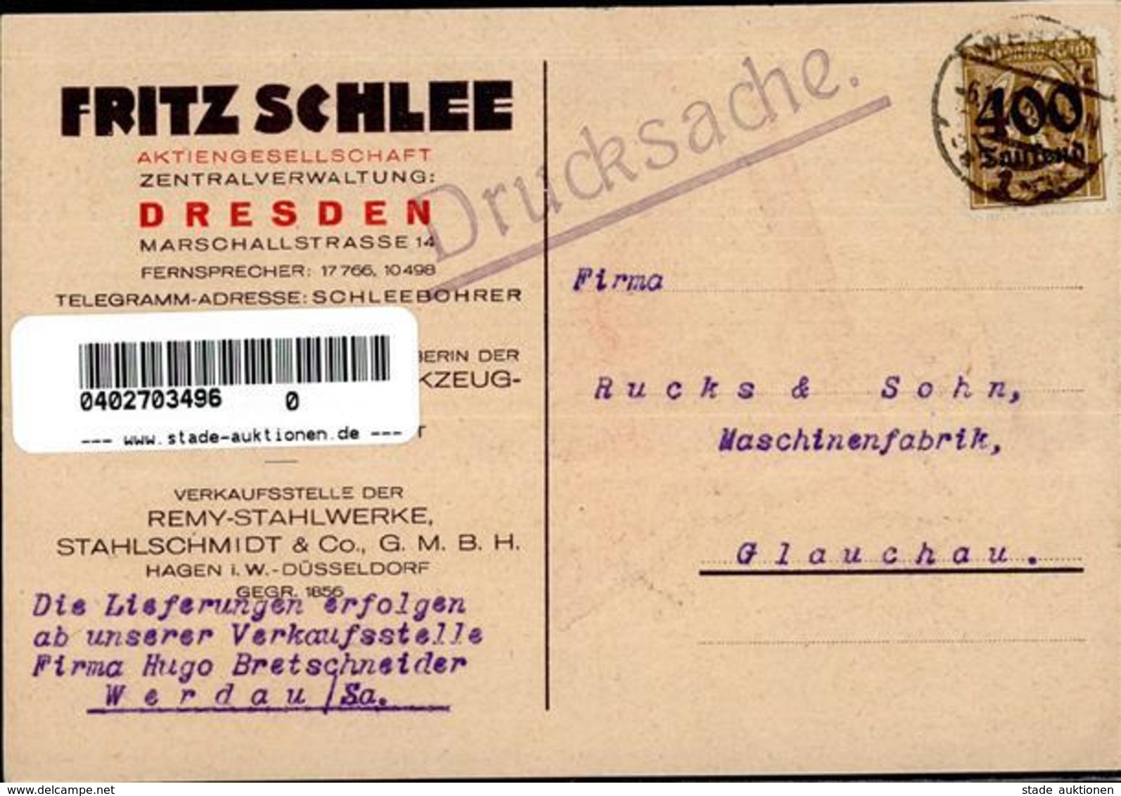 Werbung Dresden (O8000) Schlee Bohrer I-II Publicite - Werbepostkarten