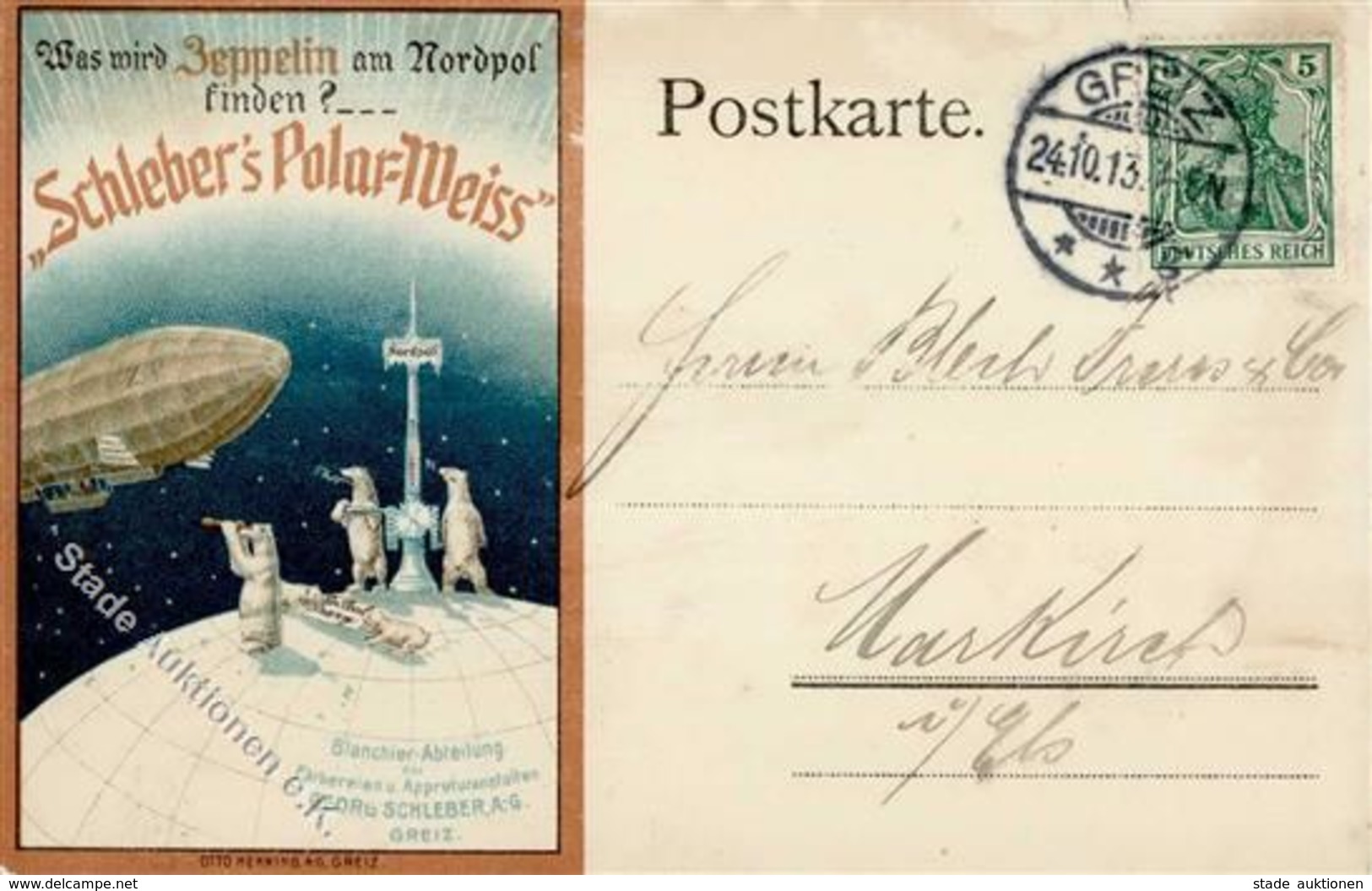 Werbung Greiz (O6600) Schleber's Polar Weiß Zeppelin Nordpol Eisbären Werbe AK 1913 I-II Dirigeable Publicite - Werbepostkarten