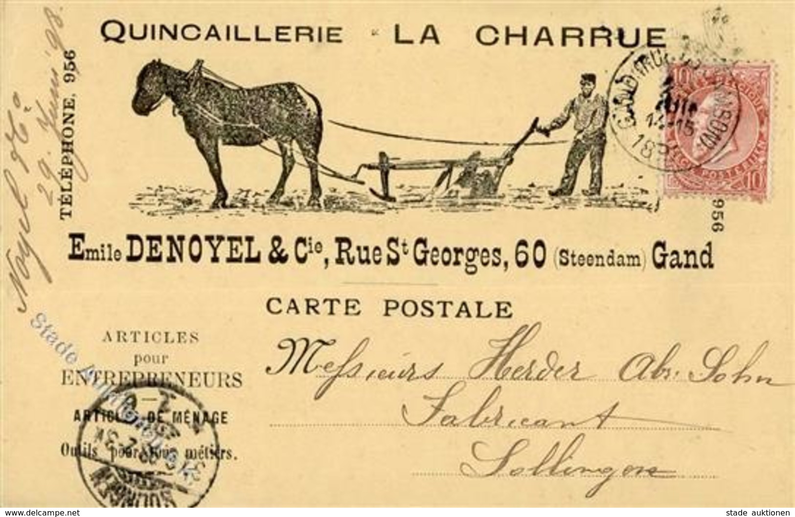 Werbung Landwirtschaft Maschine Grand Belgien Quincaillerie La Charrue Emile Denoyel & Cie Werbe AK 1896 I-II (fleckig)  - Werbepostkarten