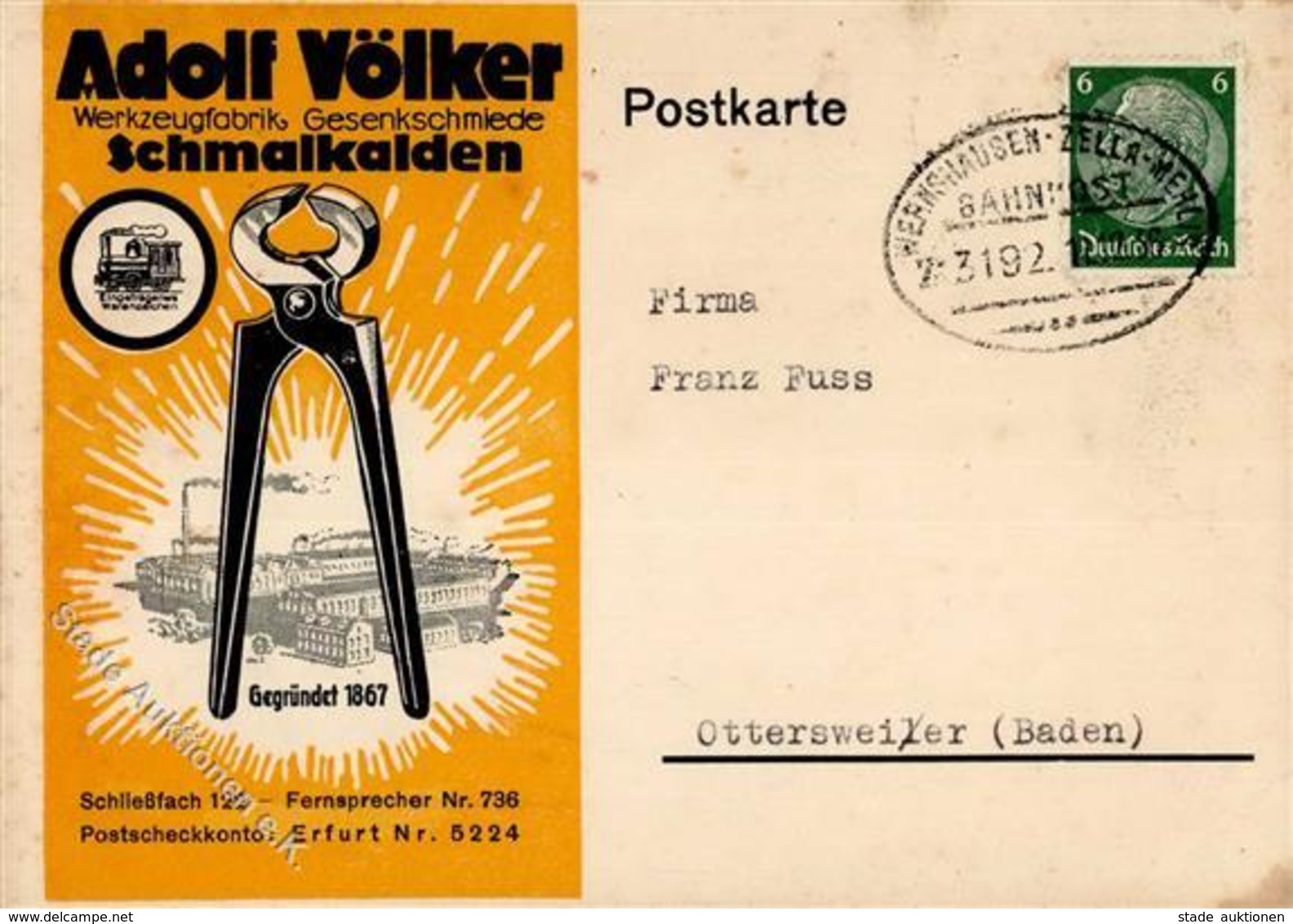 Werbung Schmalkalden (O6080) Werkzeugfabrik Adolf Völker Bahnpost Wernshausen Zella Mehlis Zug 3192 12.12.36 Werbe AK I- - Werbepostkarten