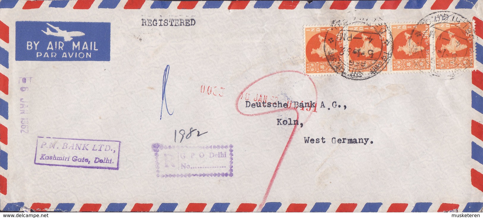 India Air Mail Par Avion P.N.BANK, Kashmiri Gate Boxed Registered G.P.O. DELHI 1962 Cover Brief DEUTSCHE BANK 4-Stripe - Briefe U. Dokumente