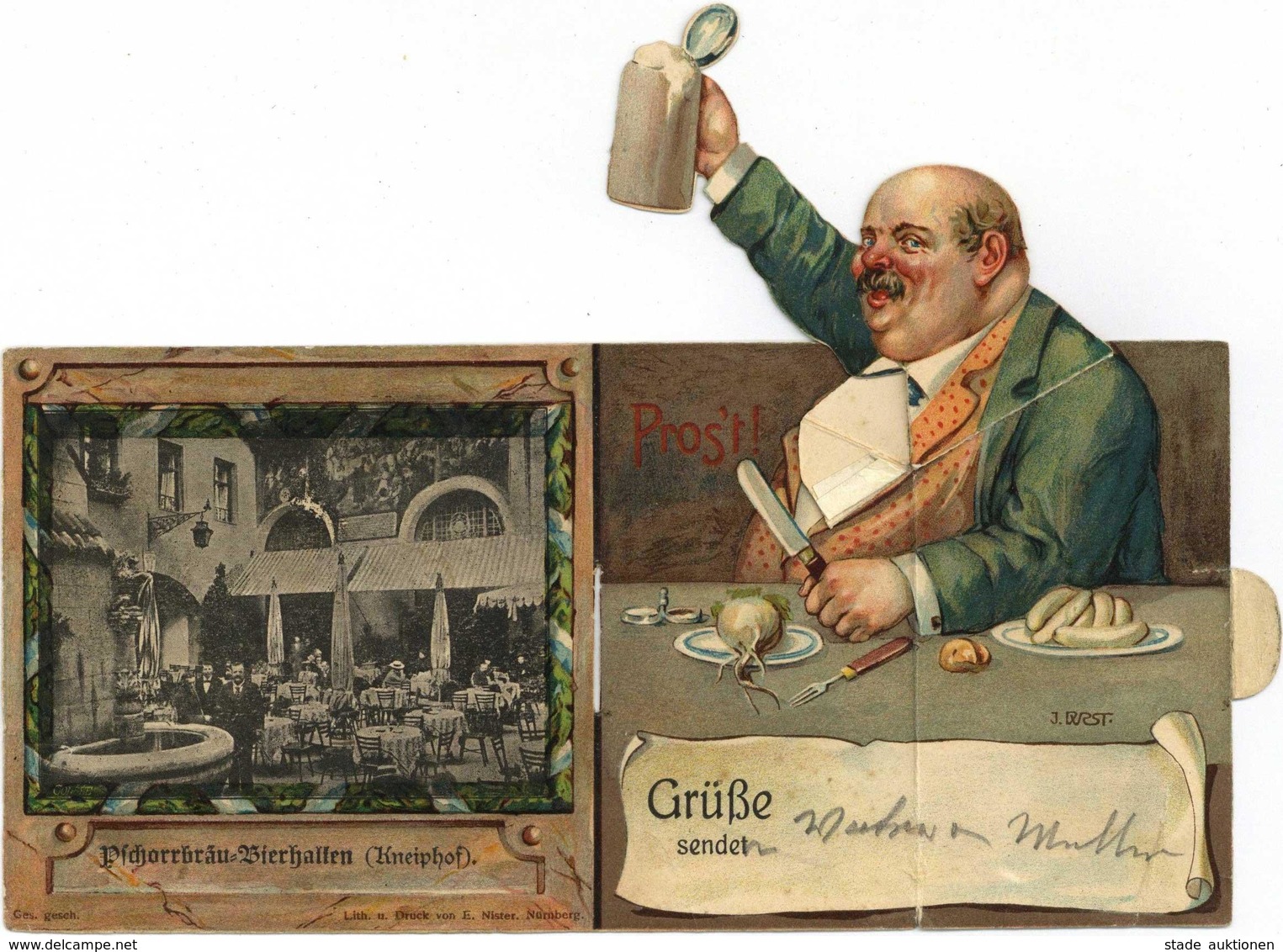 Bier München (8000) Pschorrbräu Bierhallen Klappkarte 1909 II (beschädigt) Bière - Werbepostkarten