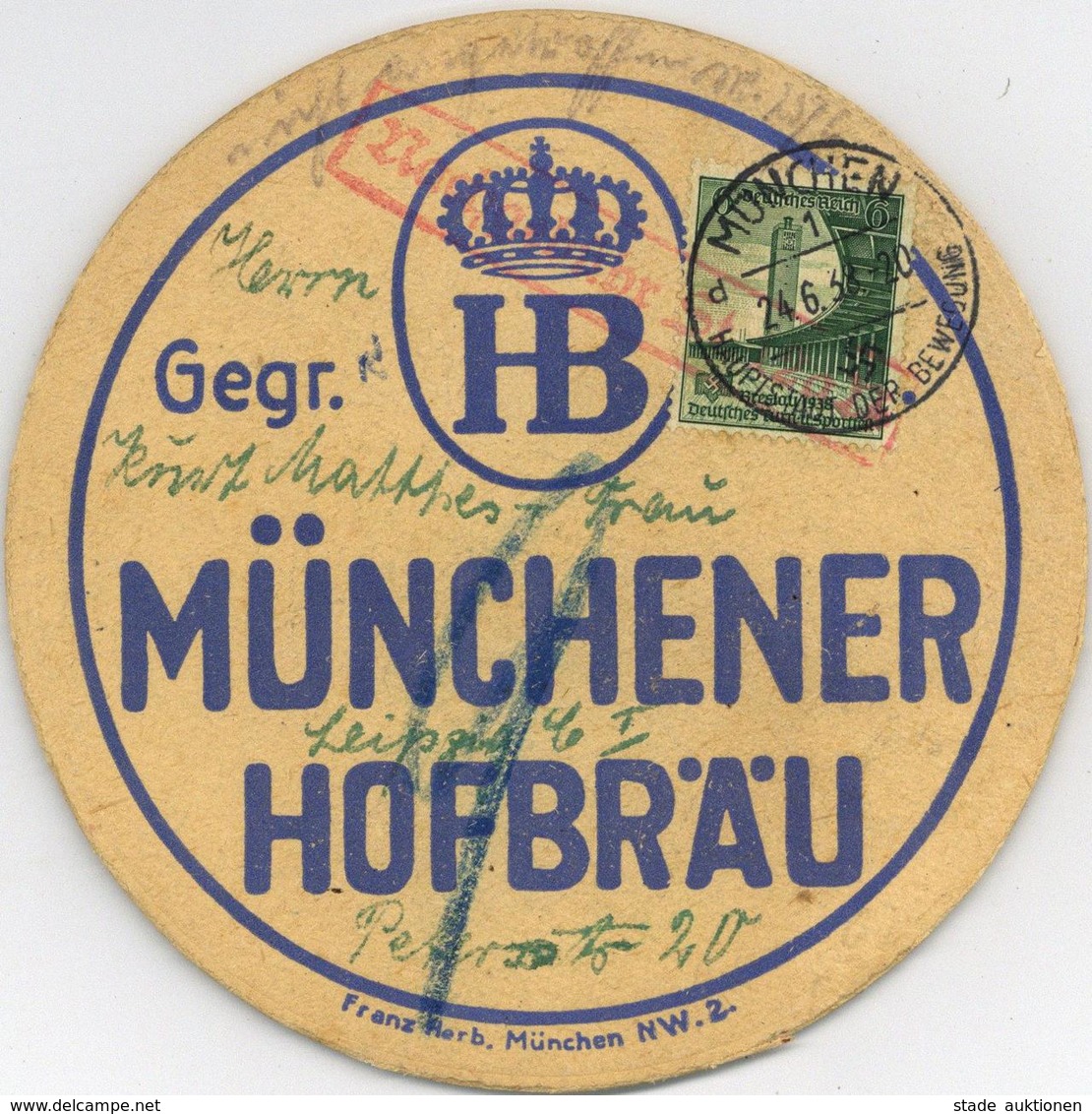 Bier Münchener Hofbräu Bierdeckel 1938 Postalisch Verwendet Gelaufen Nach Leipzig I-II Bière - Advertising