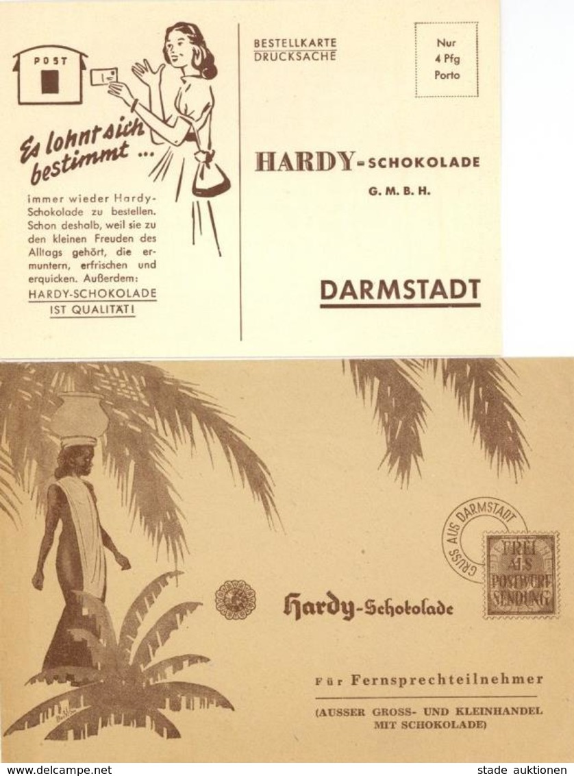 Schokolade Darmstadt (6100) Hardy-Schokolade 1 Rückumschlag, 1 Postkarte 1 Preisliste I-II - Werbepostkarten