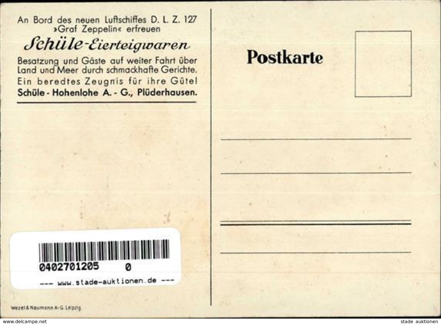 Lebensmittel Plüderhausen (7067) Schüle Eierteigwaren Zeppelin  Werbe AK I-II Dirigeable - Werbepostkarten