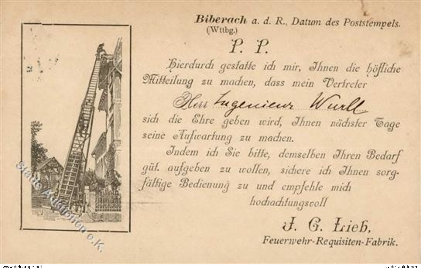 Feuerwehr Biberach (7950) J. G. Lieb Feuerwehr Requisiten Fabrik  1899 I-II (fleckig) Pompiers - Firemen