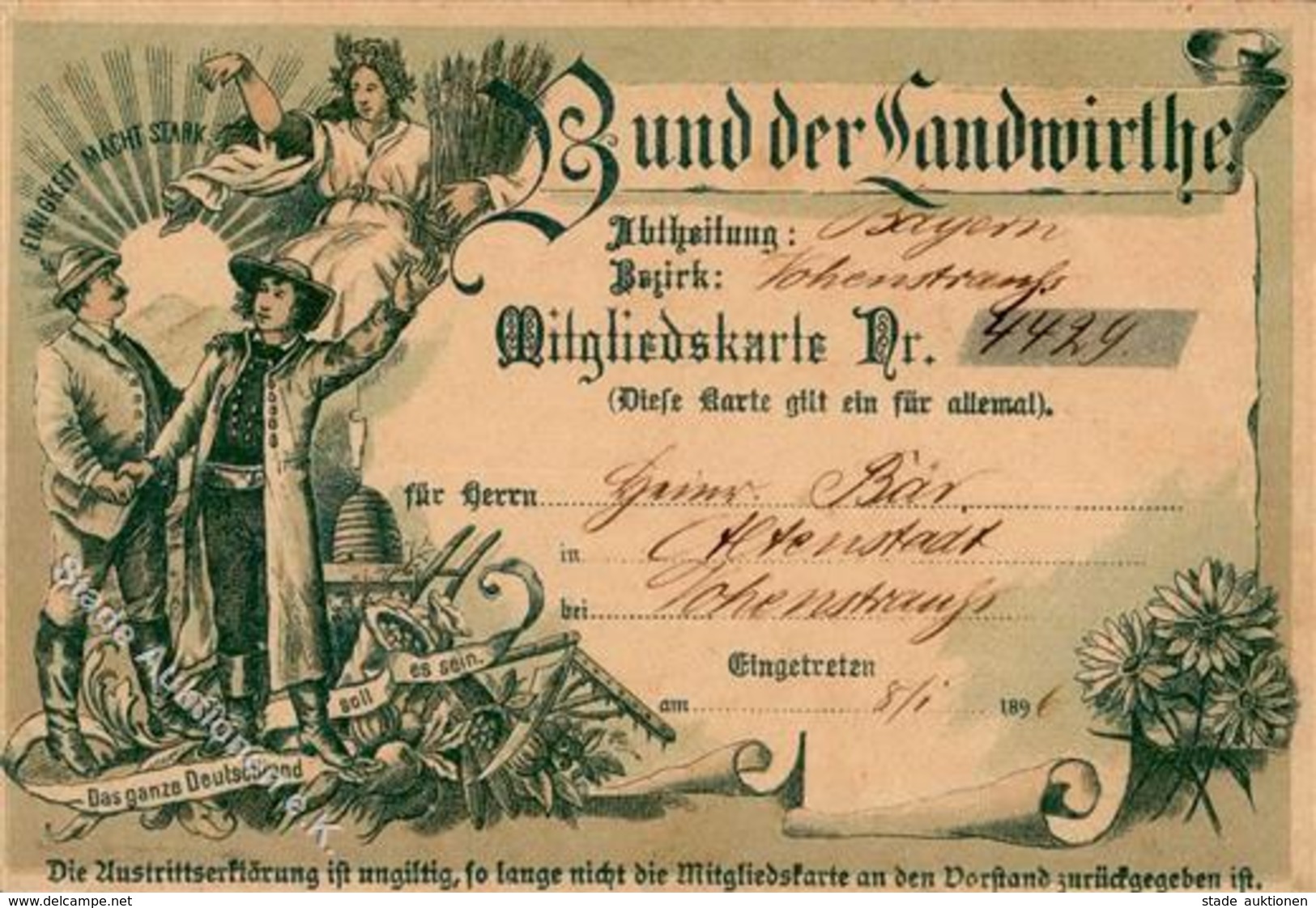 Landwirtschaft Bund Der Landwirte Mitgliedskarte 1896 I-II Paysans - Ausstellungen