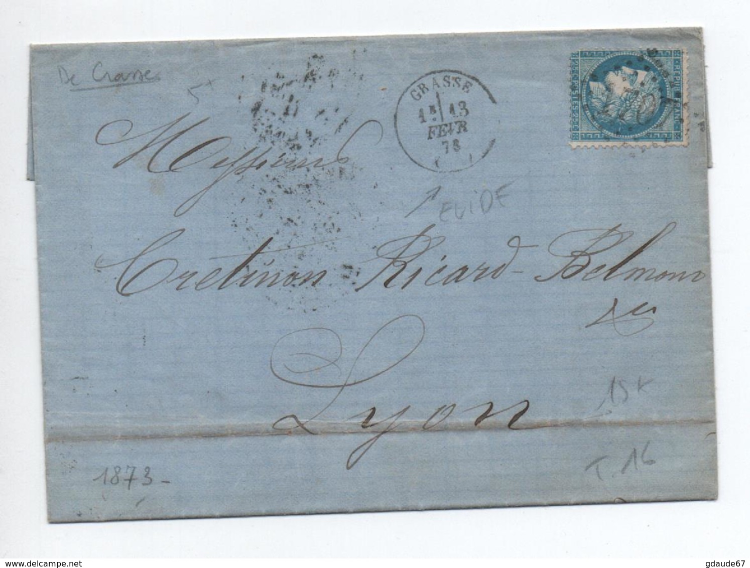 1873 - LETTRE De GRASSE (ALPES MARITIMES) Avec N° DE DEPARTEMENT EVIDE Dans TàD TYPE 16 - GC 1707 - 1849-1876: Classic Period