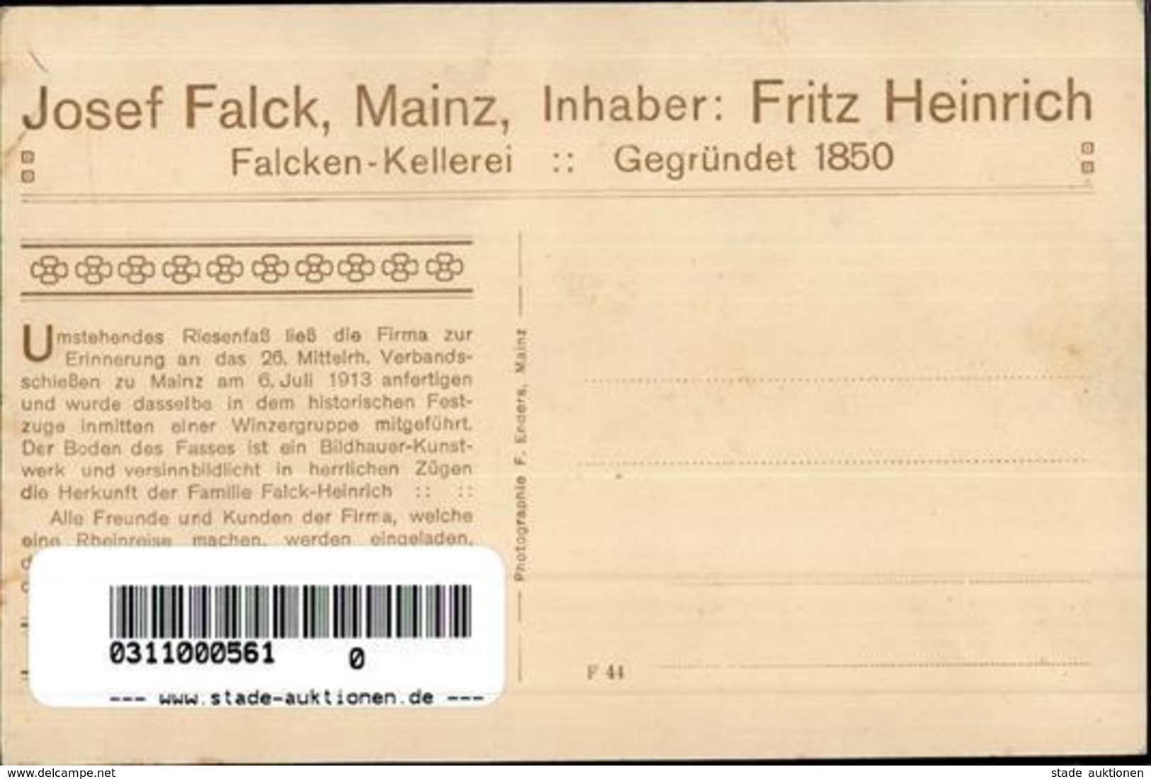 Wein Mainz (6500) Falkenkellerei Fritz Heinrich I-II Vigne - Ausstellungen