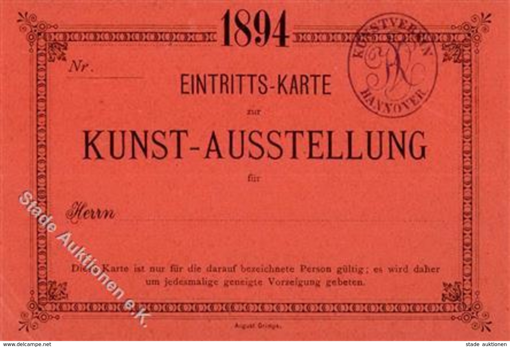 Kunstausstellung Kunstverein Hannover Eintrittskarte 1894 I-II - Exhibitions